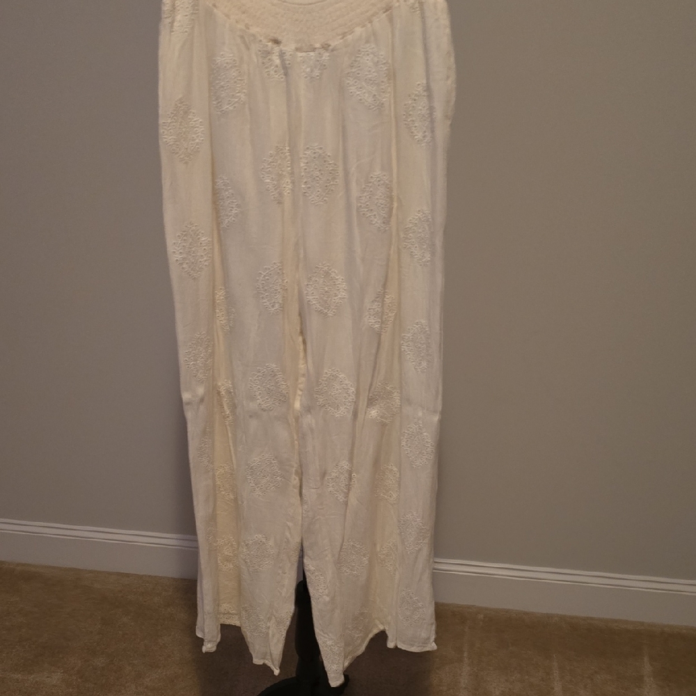 Elegant White Embroidered Wide Leg Pants